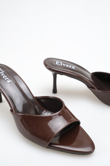 Women's Heeled Slippers Brown Patent Leather Pointed Toe Thin Heels - Stylish Comfortable Daily Wear