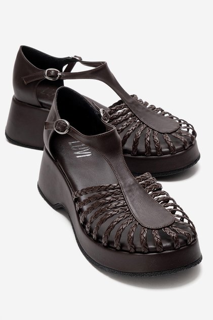 BARRY Brown Knitted Detail Women's Wedge Heel Sandals