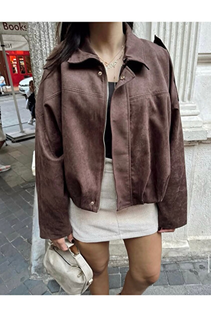 Yeni Sezon Kadın Süet Efektli Oversize Crop Bomber Ceket – Kahverengi/Haki