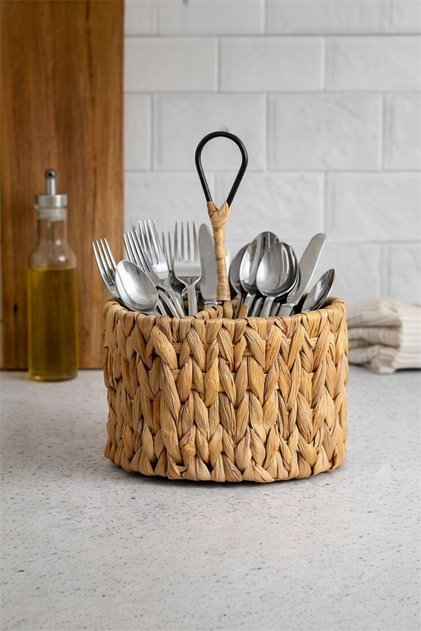Round 4-Compartment Wicker Knitted Spoon Holder 27113 - Organizer Spoon Holder Wicker Spoon Organizer with Holding Handle