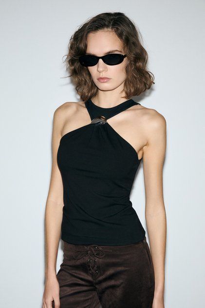 Reynira Women's Soft and Stretchy Fabric Halter Neckline Buckle Detail Black Blouse