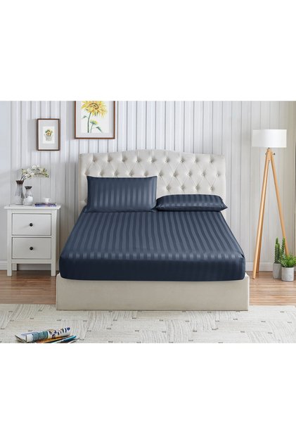 Striped Fitted Sheet Set 180x200 cm King – 1 Fitted Sheet + 2 Pillowcases, 35cm Deep