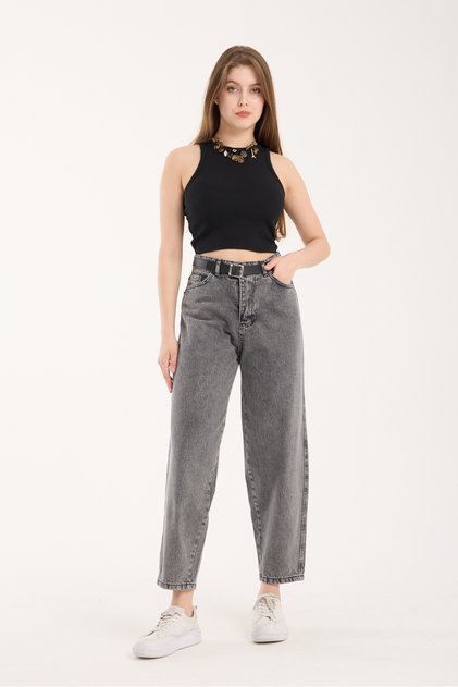 Straight Legged Black Jeans Baggy High Waist Belt Detailed Women's Trendy Trousers