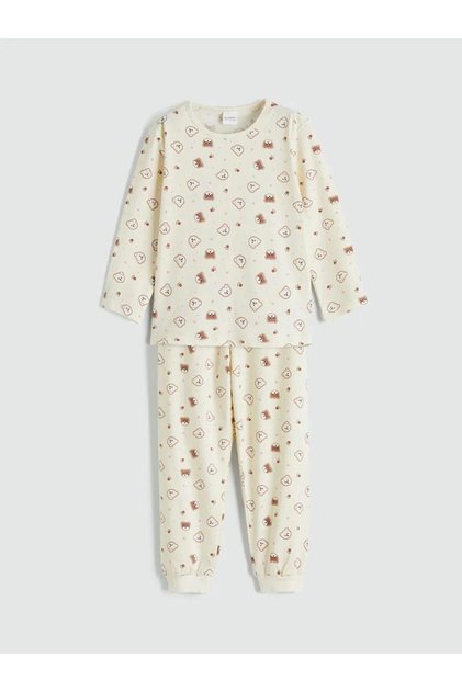 Ecru Crew Neck Printed Girls' Pajama Set (S6)