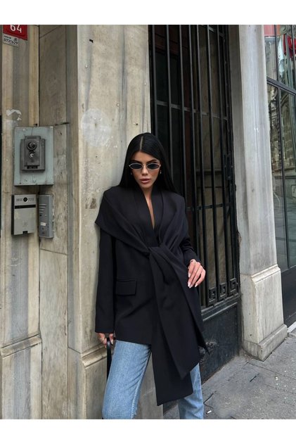 Kadın Blazer Çıkarılabilir Şal Yaka Detaylı Ceket