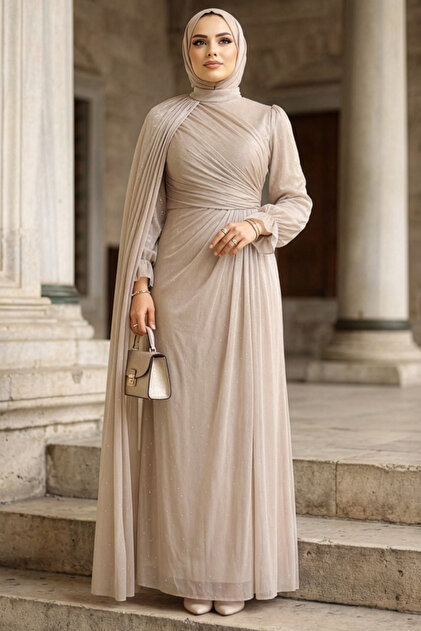 N.S NEVA STYLE Stone Detailed Hijab Evening Dress with Cape Detail 4875Tas-  Trendyol