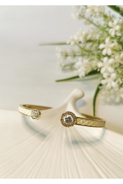 Zircon Stone Gold Steel Handcuff Bracelet White