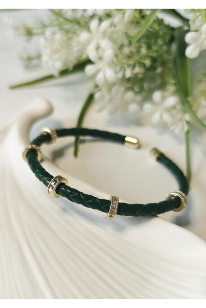 Zircon stone gold detailed braided leather bracelet green