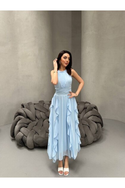 Women's Halter Neckline Waist-Slit Lined Midi Length Chiffon Dress