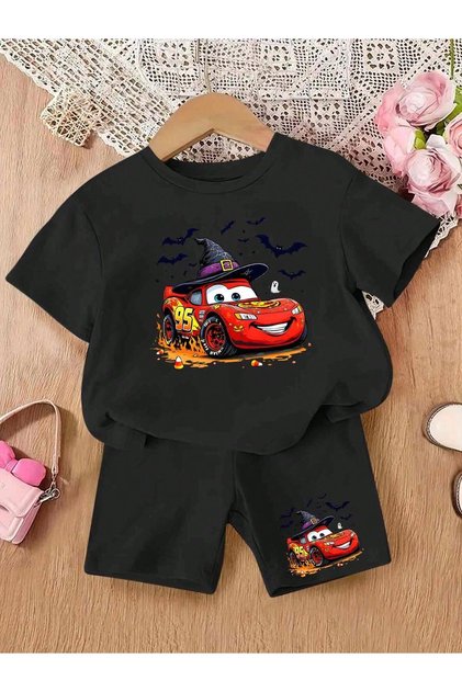 Hat Red Car Printed Boys' Black Top-Shorts T-Shirt Set