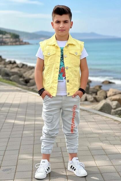 Boy's Tiger Lettering Printed Sleeveless Yellow Denim Jacket and Printed T-Shirt Top and Bottom Set