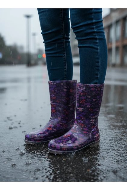 Garden and Rain Flower Patterned Women's Boots 36-40 Plum