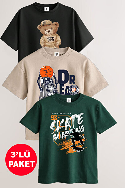 Robot i skejtbord Štampano 3-pak unisex bež-crno-zeleno dete T-shirt