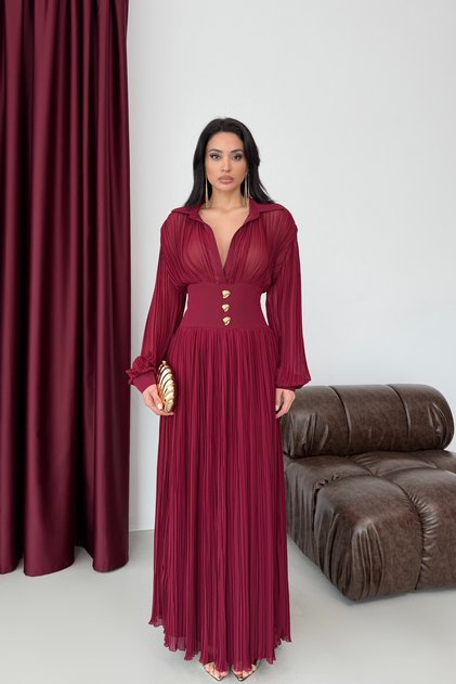 Burgundy Pleated Chiffon Dress with Gold Button Details