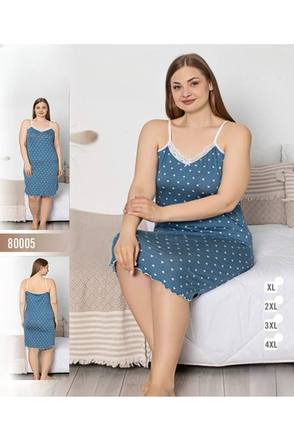 Women's nightgown with a small geometric pattern and lace trim – petrol blue