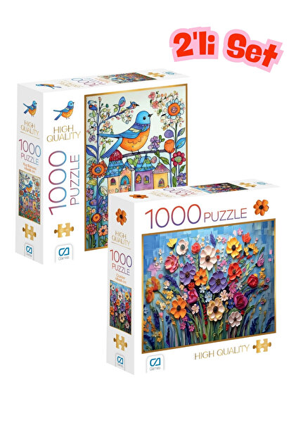 2 Adet 1000 Parça Puzzle Çiçekler ve Kuş Bahçesi 2,2mm Kalınlık 48x68cm