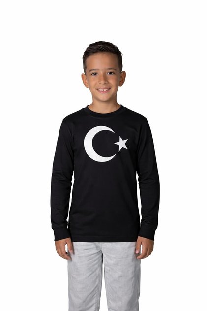 Unisex Children's Turkish Flag Printed T-Shirt with the Month of April 23Rd and November 10Th, Moon and Star Design, Long Sleeve