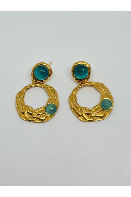 Special Gold Plated Women's Hoop Dangle Earrings with Turquoise Stone Detail