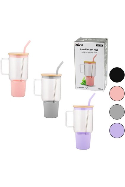 Cam 1000ML Matara - Suluk Bambu Kapak - Sızdırmaz Silikonlu Çelik Pipet Koruyucu Silikon Altlık - K