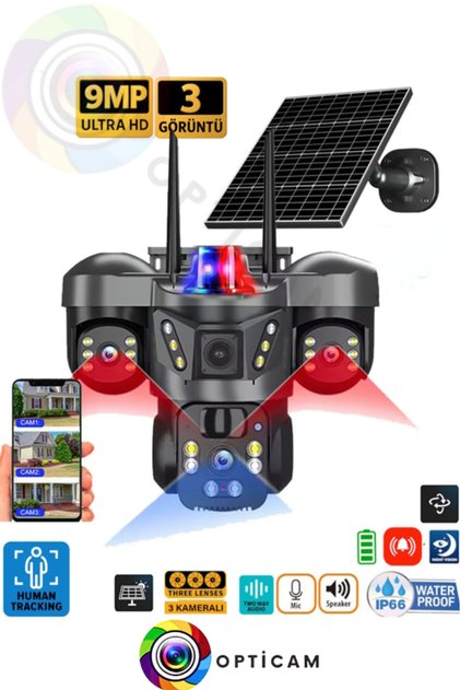 -66 WİFİ Güneş Enerjili 3+3+3 MP Solar Güvenlik Kamerası,360 Derece Açı ,Güçlü Batarya