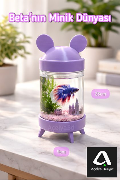 Beta Mini Cam Kavanoz Betta Fanus Mickey Mause Şık 3d Tasarım Mor Renk Akvaryum