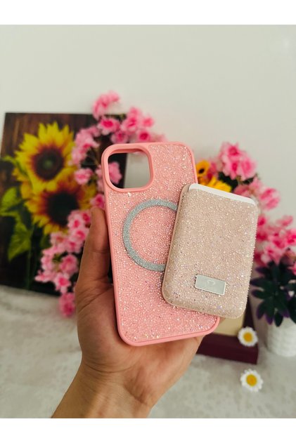 (2 in 1) iPhone 13 / 14 Case Magsafe Wallet Card Holder Shiny Stone Premium Cover Set