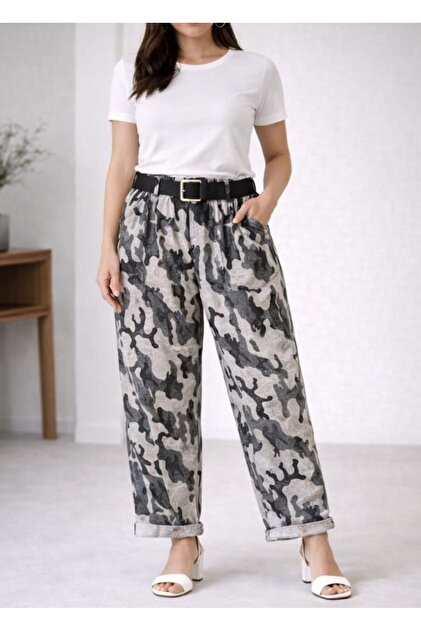 Women's Belt Detailed Camouflage Pattern Lycra Italian Trousers