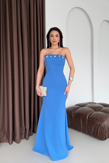 Blue Chest Stone Embellished Strapless Evening Dress with String Ties