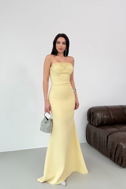 Yellow Chest Stone Embellished Strapless Evening Dress with String Ties