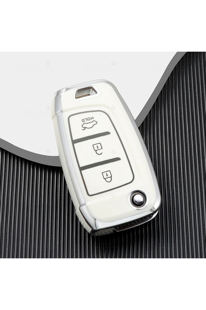 Hyundai Compatible Elantra, Solaris, Tucson, Kona, Santa, Fe, Verna, I30, I35 Silver Edge Tpu Key Case Cover (White)