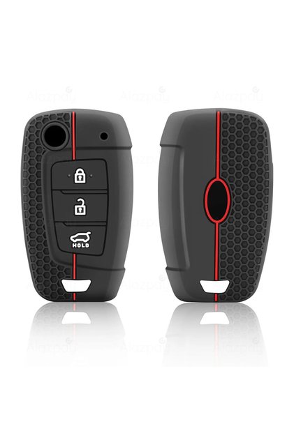 Hyundai Compatible Elantra, Solaris, Tucson, Kona, Santa, Fe, Verna, I30, I35 Patterned Silicone Key Case Cover (Black Red)
