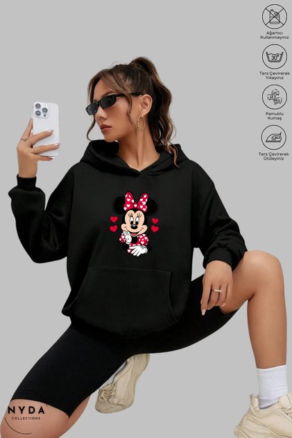 Women's Hoodie Long Sleeve Minnie Mouse Printed Hooded Oversized 100% Cotton Combed Cotton Sweatshirt