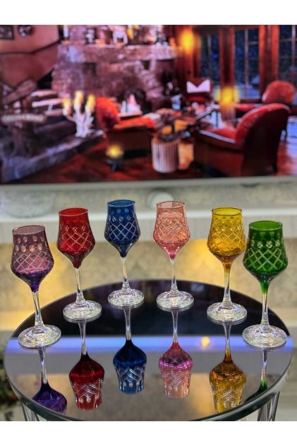 RENKLİ 6'LI KRİSTAL KESME İŞLEMELİ KAHVE YANI BARDAK
