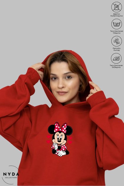 Women's Hoodie Long Sleeve Minnie Mouse Printed Hooded Oversized 100% Cotton Combed Cotton Sweatshirt
