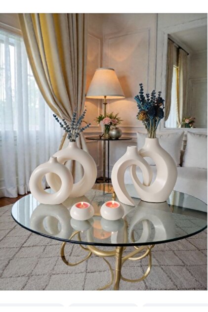 Platinum 6 Parça Vazo & Mumluk Seti | Modern Bohem | Büyük Boy 23 cm | Krem | Vernikli
