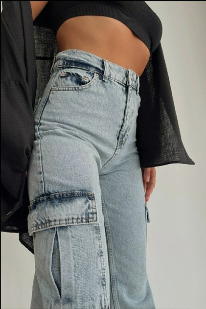 Catina Hot Fashionnova Light Snow Blue Cargo Pocket Loose Lycra Super High Waist Wide Leg Jeans
