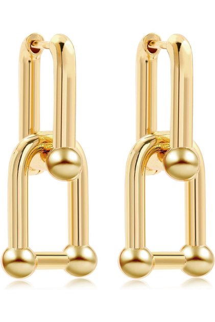 SLOONG 3 Pairs 14k Gold Plated Ball U Shape Pin Y2K Style Chunky Earring Link Chain Chunky Circle Ho