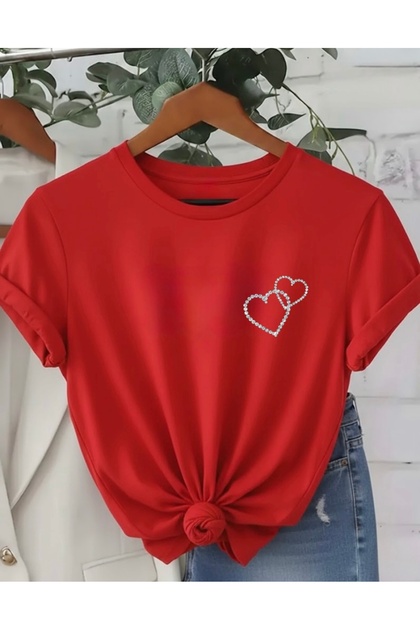 MİNİK PIRLANTA KALP BASKILI UNISEX KADIN/ERKEK OVERSİZE BİSİKLET YAKA T-SHİRT