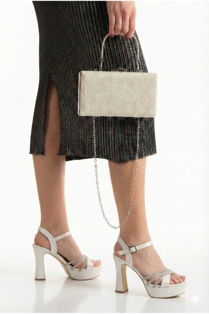 Women's Silvery Stone Platform Heeled Evening Dress Shoes and Bag Set