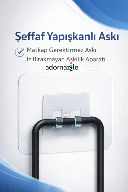 1 Adet Şeffaf Yapışkanlı Askı, Duvar Kancası, Matkap Gerektirmez Askı, İz Bırakmayan Askılık Aparatı