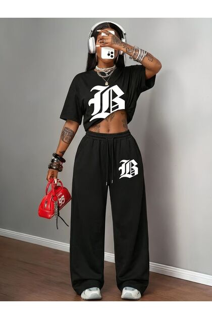 Women's B Letter Print Oversized T-Shirt and Baggy Sweatpants - Two-Piece Summer Tracksuit Set