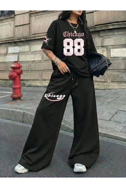 Women's Chicago 88 Printed Oversized T-Shirt and Baggy Sweatpants - Two-Piece Summer Tracksuit Set