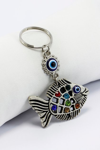 Evil Eye Beaded Shiny Stone Metal Fish Keychain, Bag Ornament