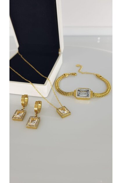 Baget Taşlı Gold Çelik Takı Seti 14 Şubat Sevgiliye Hediye Sevgililer Günü