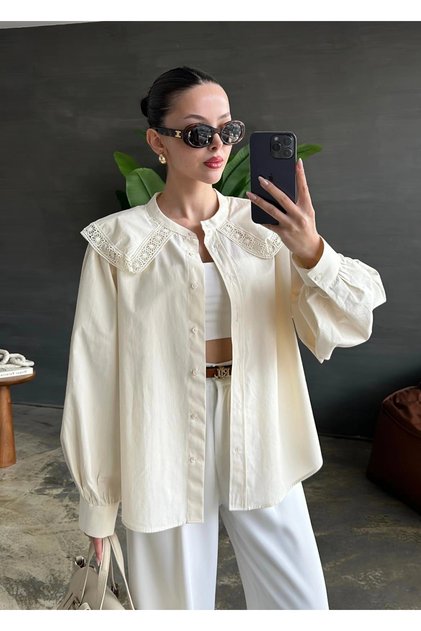 Kadın Beyaz Geniş Dantel Yakalı Balon Kol Düğmeli Oversize Keten Pinterest Gömlek