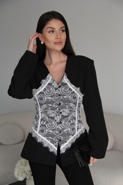 Sacou blazer premium cu detalii din dantelă, decolteu în V