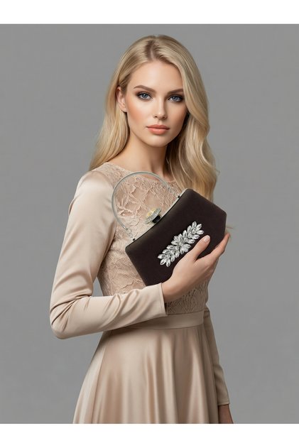 Brown Z.A.R.A. Satin Crystal Stone Embroidered Chain Women's Evening Dress Bag Wedding Engagement Graduation