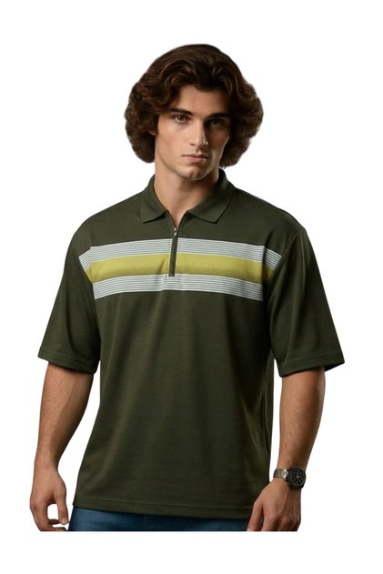 Zippered Men's Large Size Lycra Pique Polo Collar Printed T-Shirt, Suitable for Weight Ranges 115 - 138 Kg, Khaki