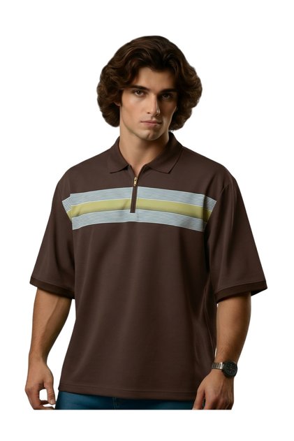 Zippered Men's Large Size Lycra Pique Polo Collar Printed T-Shirt Suitable for Weight Ranges 115 - 138 Kilograms Brown