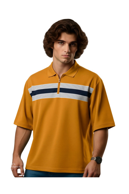 Zippered Men's Large Size Lycra Pique Polo Collar Printed T-Shirt Suitable for Weight Ranges 115 - 138 kg Saffron